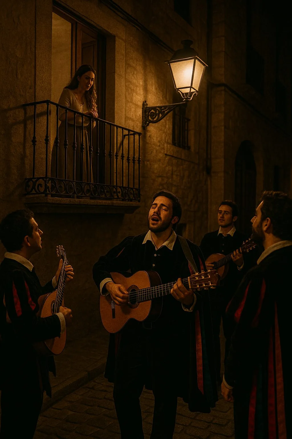 Serenata nocturna de la tuna bajo un balcón
